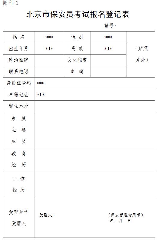 北京市保安員考試報(bào)名登記表